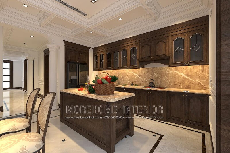 Tủ bếp màu óc chó kết hợp kiểu dáng đẹp bắt mắt với đường nét chạm khắc thanh thoát, nhẹ nhàng, màu sắc tự nhiên, tinh tế khiến không gian phòng bếp của bạn vừa đẹp vừa sang trọng. Tủ bếp đẹp, tủ bếp đẹp hiện đại, tủ bếp An Cường, tủ bếp cao cấp