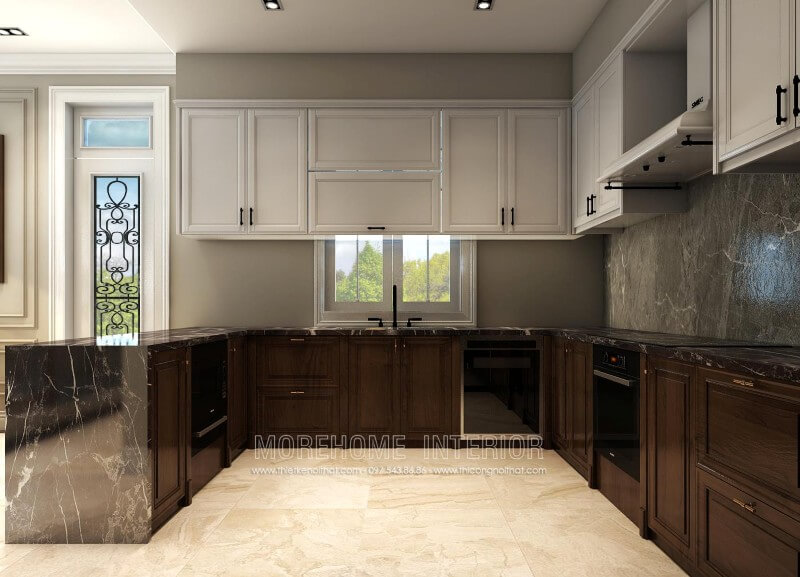 Thiết kế tủ bếp sang trọng và lạ mắt, ở khu vực nội trợ của gia chủ, KTS lựa chọn sử dụng kết hợp giữa 2 gam màu trắng và nâu mang lại không gian nhẹ nhàng, ấm cúng mà không quá nặng nề Tủ bếp đẹp, tủ bếp đẹp hiện đại, tủ bếp An Cường, tủ bếp cao cấp