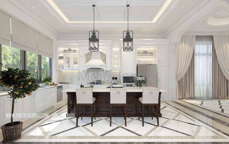 Tủ bếp biệt thự cao cấp được lựa chọn với chất liệu gỗ tự nhiên nhập khẩu phun sơn trắng tạo nên vẻ đẹp hoàng gia cho căn phòng Tủ bếp đẹp, tủ bếp đẹp hiện đại, tủ bếp An Cường, tủ bếp cao cấp