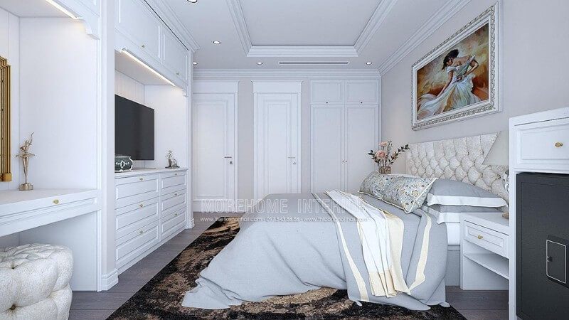 Tủ quần áo và kệ tủ được làm từ gỗ sồi và được phun sơn trắng, các chi tiết góc cạnh có phong cách tân cổ điển.